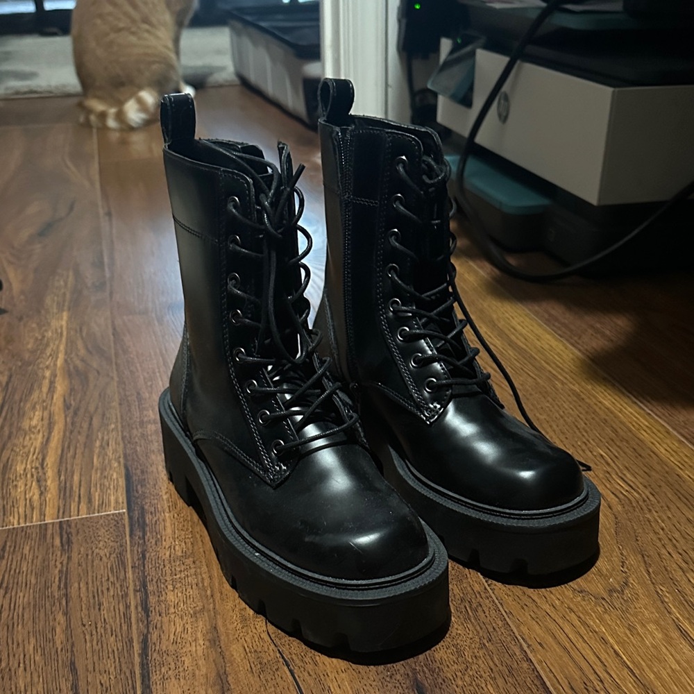Mango Black Leather Combat Boots